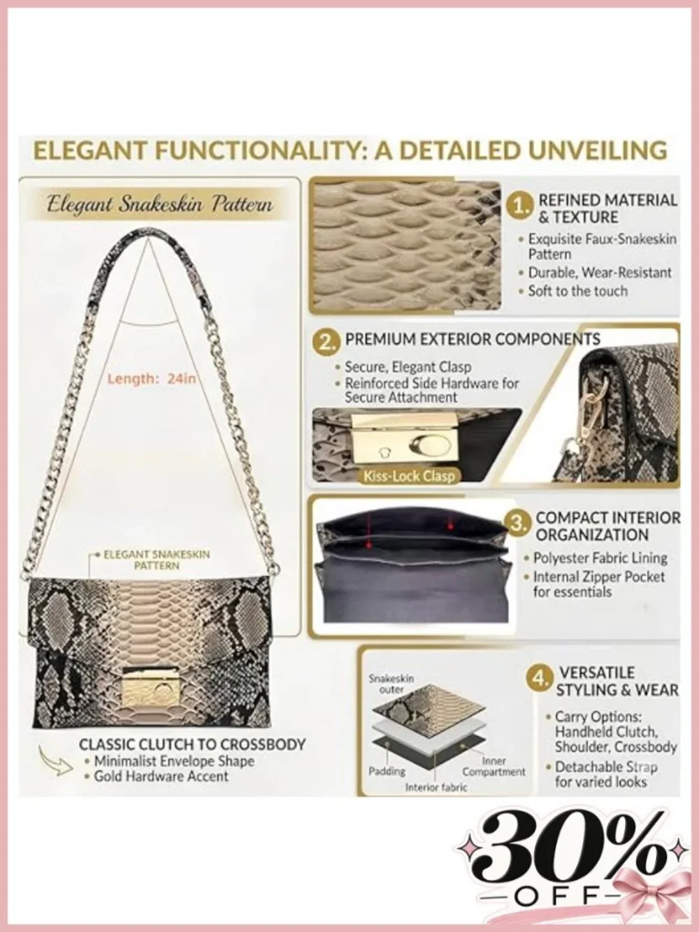 Snake Print Leather Crossbody Bag Chain Strap Evening Clutch Purse
